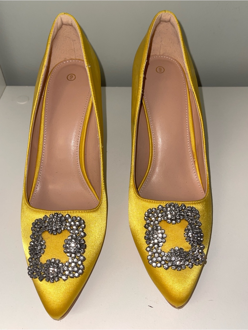 Yellow Satin Pointed Toe Pumps w Crystal Buckle, Manolo Blahnik Inspired (3.25”) - Picture 4 of 8
